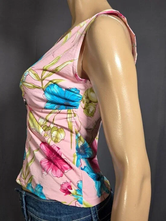 Y2K V Neck Top Pink Floral Round Rhinestone Buckle Size M Sleeveless Fitted - Picture 5 of 7